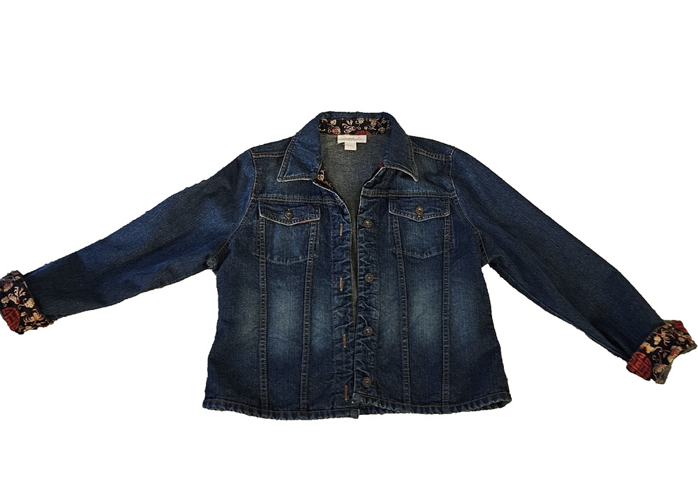 DANIEL K NY DENIM JACKET Cropped TAPESTRY Trim Metal Button Grunge Boho L